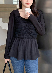 Stylish Black Square Collar Wrinkled Patchwork Cotton Top Fall