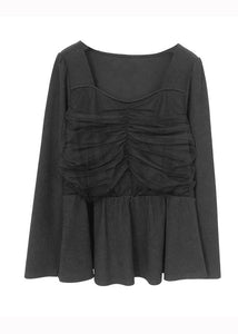 Stylish Black Square Collar Wrinkled Patchwork Cotton Top Fall