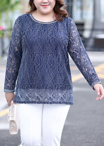 Stylish Blue O-Neck Lace Top Long Sleeve