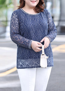 Stylish Blue O-Neck Lace Top Long Sleeve