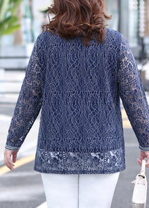 Stylish Blue O-Neck Lace Top Long Sleeve