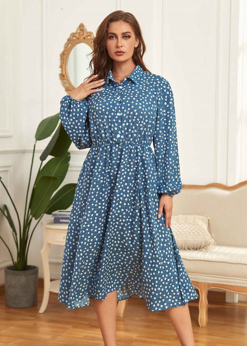 Stylish Blue Peter Pan Collar Print Patchwork Chiffon Shirts Dress Fall