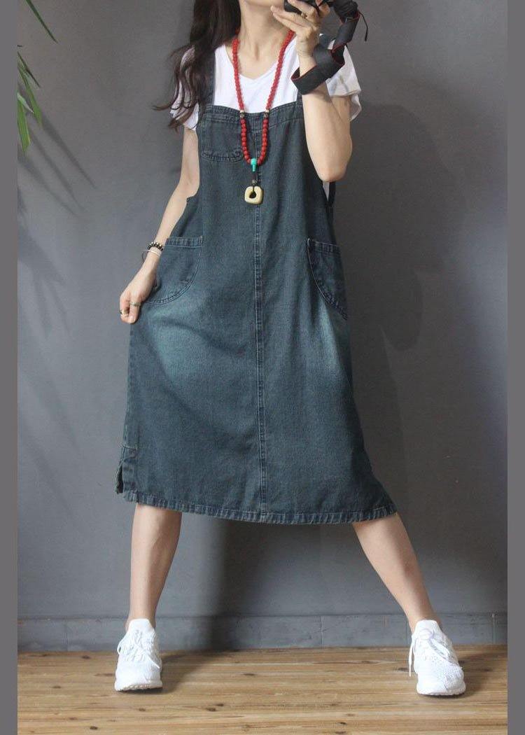 Stylish Blue Pocket scarpenter Denim Summer Dresses