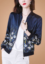 Load image into Gallery viewer, Stylish Blue Stand Collar Zip Up Print Silk Jackets Spring