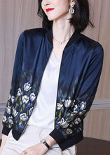 Load image into Gallery viewer, Stylish Blue Stand Collar Zip Up Print Silk Jackets Spring