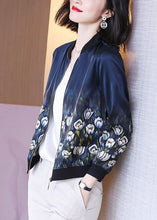 Load image into Gallery viewer, Stylish Blue Stand Collar Zip Up Print Silk Jackets Spring