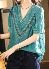 Load image into Gallery viewer, Stylish Blue V Neck Embroideried Lace Patchwork Chiffon Shirt Summer