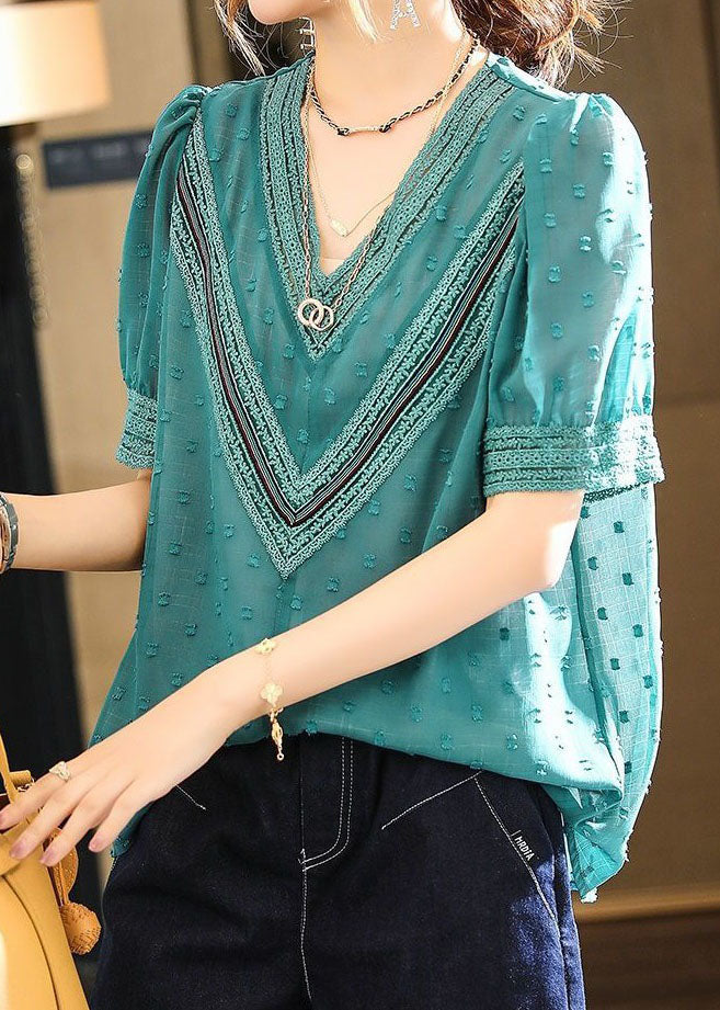 Stylish Blue V Neck Embroideried Lace Patchwork Chiffon Shirt Summer