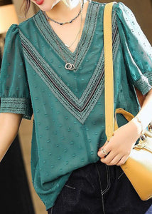 Stylish Blue V Neck Embroideried Lace Patchwork Chiffon Shirt Summer