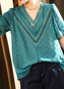 Stylish Blue V Neck Embroideried Lace Patchwork Chiffon Shirt Summer