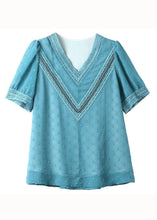 Load image into Gallery viewer, Stylish Blue V Neck Embroideried Lace Patchwork Chiffon Shirt Summer