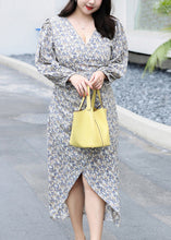 Load image into Gallery viewer, Stylish Blue V Neck Print Side Open Cotton Dresses Long Sleeve