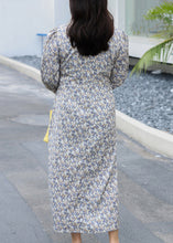 Load image into Gallery viewer, Stylish Blue V Neck Print Side Open Cotton Dresses Long Sleeve