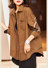 Load image into Gallery viewer, Stylish Coffee Peter Pan Collar Patchwork Cotton Shirts Top Long Sleeve