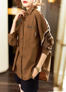 Stylish Coffee Peter Pan Collar Patchwork Cotton Shirts Top Long Sleeve