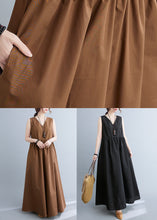 Load image into Gallery viewer, Stylish Coffee V Neck Patchwork Cotton Summer Dress Sleeveless