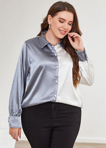 Stylish Colorblock Peter Pan Collar Button Patchwork Silk Shirt Fall