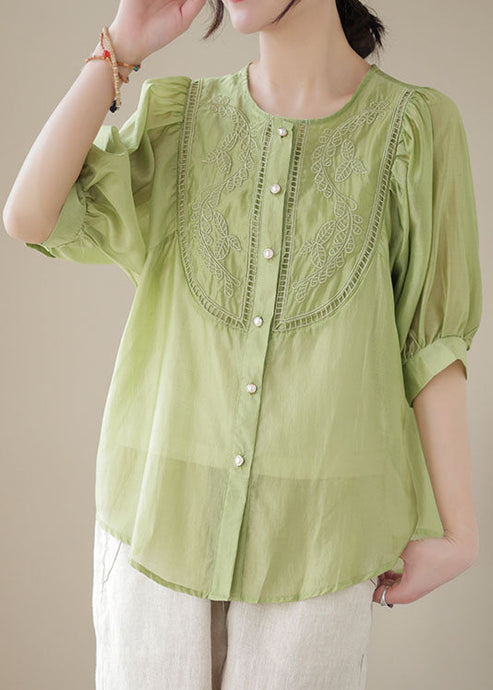 Stylish Green Embroideried Wrinkled Patchwork Cotton Shirts Summer