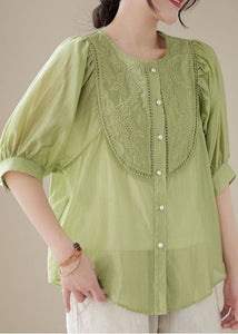 Stylish Green Embroideried Wrinkled Patchwork Cotton Shirts Summer