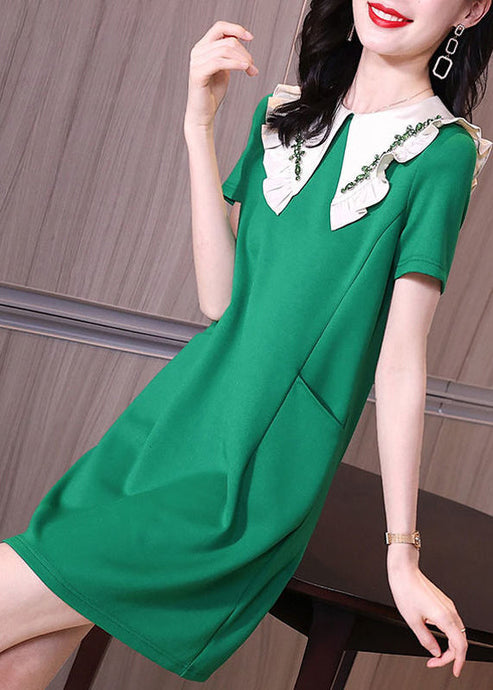 Stylish Green Peter Pan Collar Ruffles Pockets Spandex Dress Summer