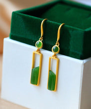 Load image into Gallery viewer, Stylish Green Sterling Silver Inlaid Jade Gem Stone Drop Earrings