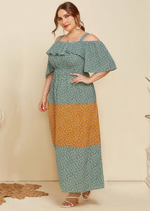 Stylish Green V Neck Print Ruffled Patchwork Cotton Maxi Dresses Summer