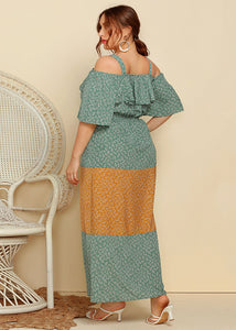 Stylish Green V Neck Print Ruffled Patchwork Cotton Maxi Dresses Summer