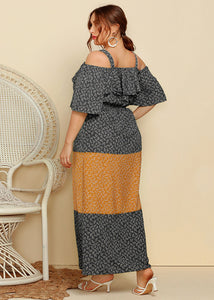 Stylish Green V Neck Print Ruffled Patchwork Cotton Maxi Dresses Summer