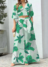 Load image into Gallery viewer, Stylish Green V Neck Print Tops And Wide Leg Pants Cotton Two Pieces Set Summer