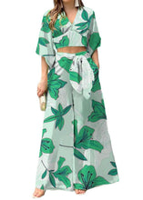 Load image into Gallery viewer, Stylish Green V Neck Print Tops And Wide Leg Pants Cotton Two Pieces Set Summer