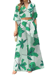 Stylish Green V Neck Print Tops And Wide Leg Pants Cotton Two Pieces Set Summer