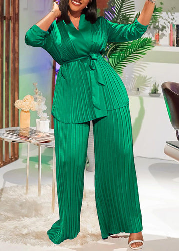 Stylish Green Wrinkled Tie Waist Chiffon Shirts And Pants Two Pieces Set Fall