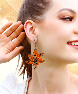 Stylish Orange Copper Hand Woven Rice Ball Maple Leaves Drop Earrings