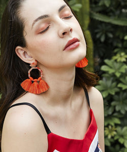 Stylish Orange Cotton Thread Tassel Drop Earrings