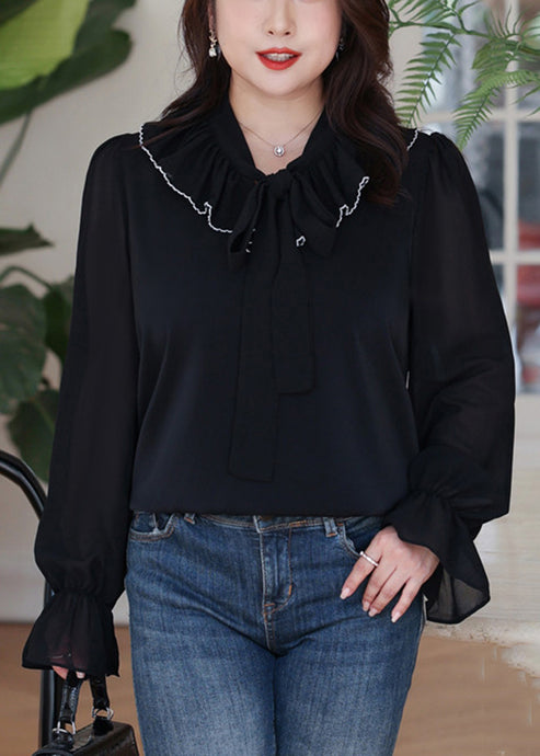 Stylish Oversized Black Bow Patchwork Chiffon Blouse Tops Flare Sleeve