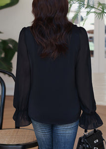 Stylish Oversized Black Bow Patchwork Chiffon Blouse Tops Flare Sleeve