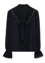 Load image into Gallery viewer, Stylish Oversized Black Bow Patchwork Chiffon Blouse Tops Flare Sleeve