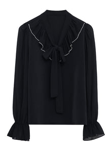 Stylish Oversized Black Bow Patchwork Chiffon Blouse Tops Flare Sleeve