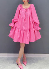 Load image into Gallery viewer, Stylish Pink O Neck Cinched Patchwork Cotton Dress Lantern Sleeve