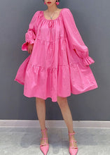 Load image into Gallery viewer, Stylish Pink O Neck Cinched Patchwork Cotton Dress Lantern Sleeve