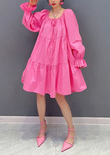 Load image into Gallery viewer, Stylish Pink O Neck Cinched Patchwork Cotton Dress Lantern Sleeve