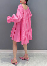 Load image into Gallery viewer, Stylish Pink O Neck Cinched Patchwork Cotton Dress Lantern Sleeve