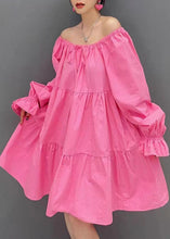 Load image into Gallery viewer, Stylish Pink O Neck Cinched Patchwork Cotton Dress Lantern Sleeve