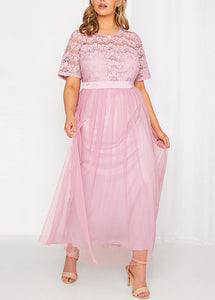 Stylish Pink O Neck Lace Patchwork Tulle Maxi Dresses Short Sleeve