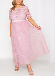 Stylish Pink O Neck Lace Patchwork Tulle Maxi Dresses Short Sleeve