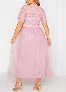 Stylish Pink O Neck Lace Patchwork Tulle Maxi Dresses Short Sleeve