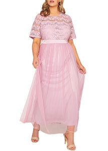 Stylish Pink O Neck Lace Patchwork Tulle Maxi Dresses Short Sleeve