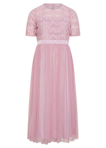 Stylish Pink O Neck Lace Patchwork Tulle Maxi Dresses Short Sleeve