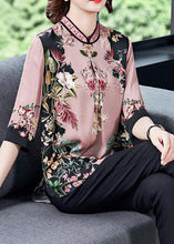 Load image into Gallery viewer, Stylish Pink Stand Collar Print Side Open Silk Shirt Tops Half Sleeve