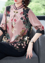 Load image into Gallery viewer, Stylish Pink Stand Collar Print Side Open Silk Shirt Tops Half Sleeve